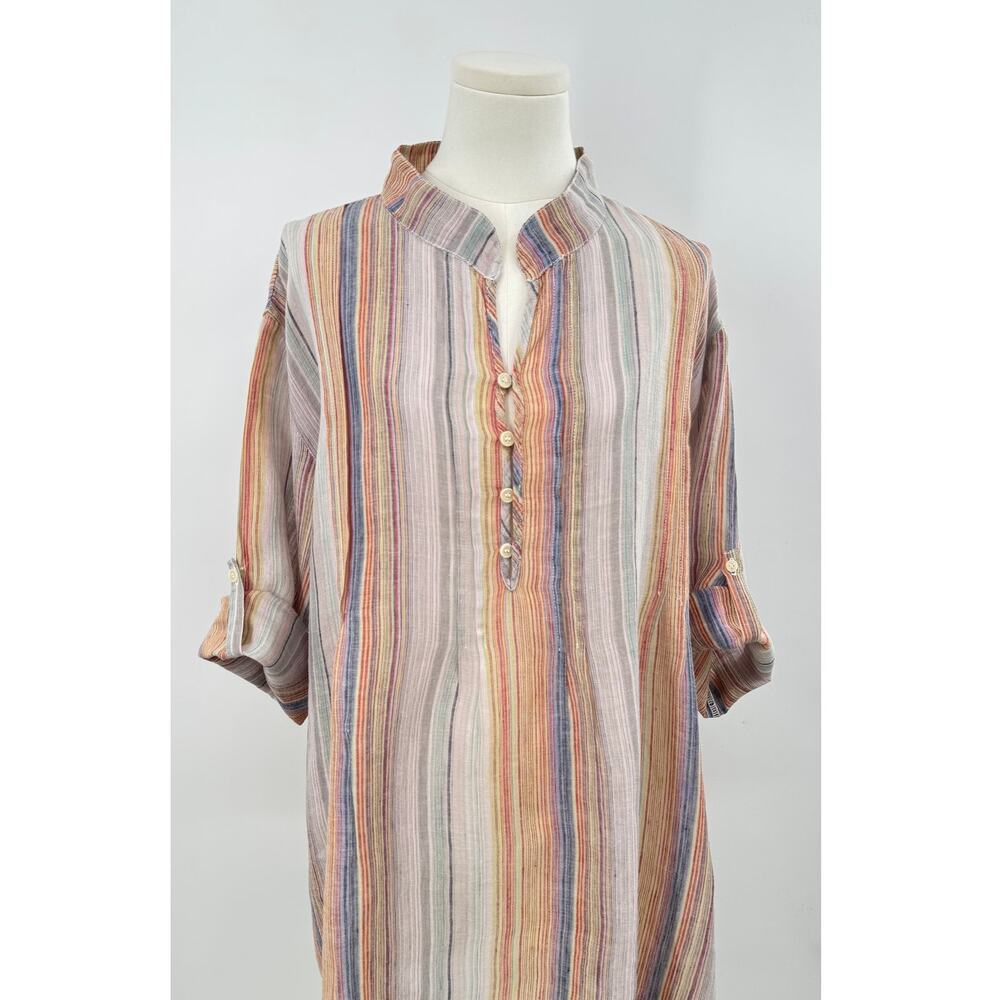 CP Shades Linen Stripe Tunic Top Orange Blue 3/4 Sleeve Popover Lagen Look M